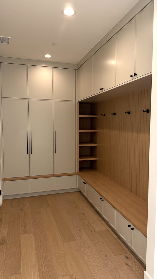 Neutral-tone cabinetry with built-in television