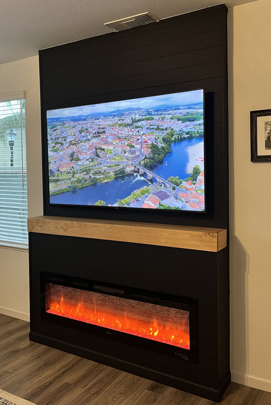 Media wall with vertical slatted wood panels