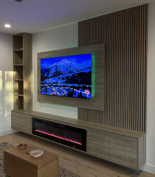 Modern fireplace media wall with storage cabinets