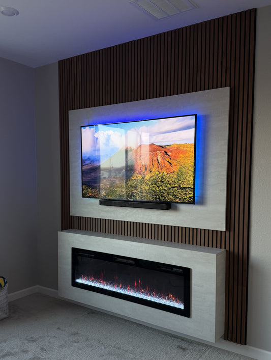 Custom oak wood media wall with mounted TV