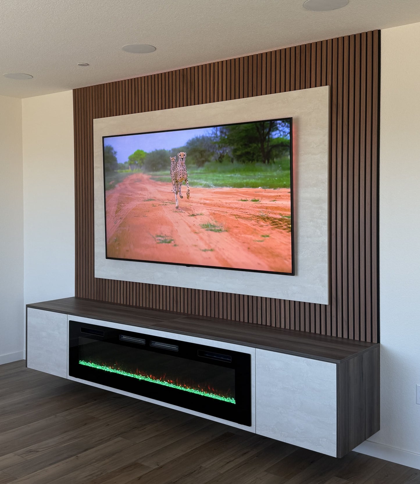 Contemporary lounge with bespoke cabinetry