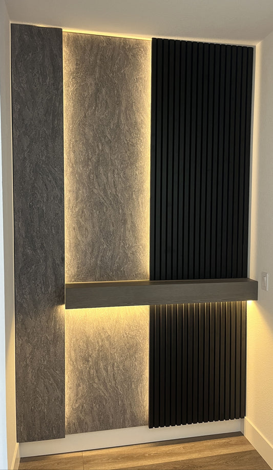 Backlit cabinets integrated into media wall