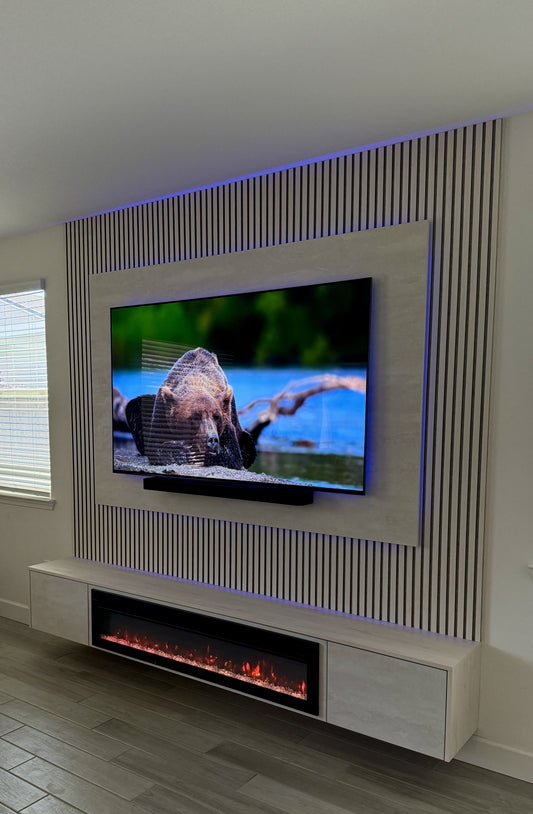 Matte black cabinetry with modern TV wall