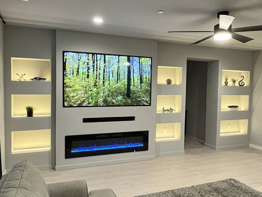 Stone-texture feature wall with built-in cabinets