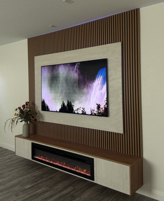 Wood-finish cabinets and custom entertainment wall