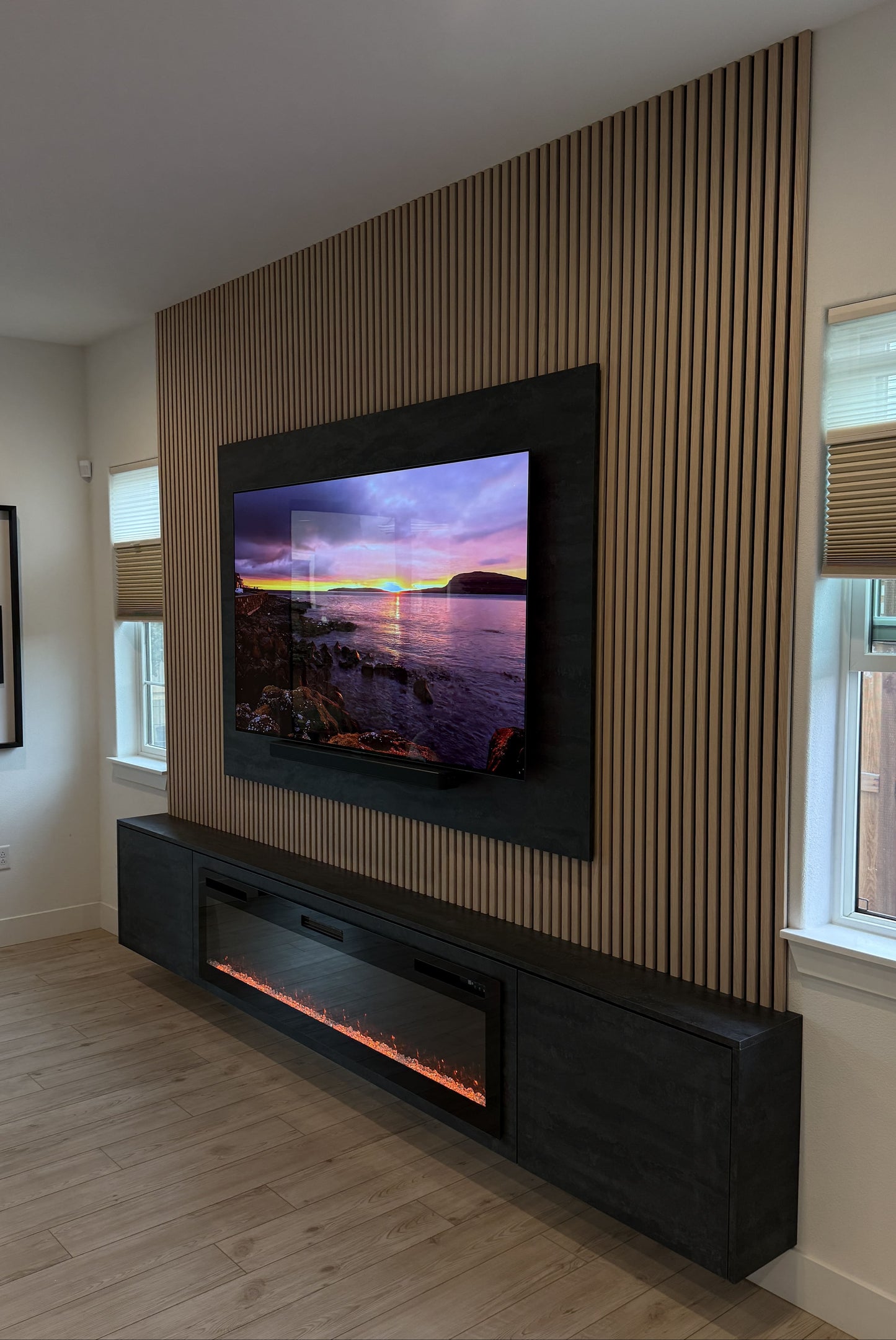 Neutral-tone cabinetry with built-in television