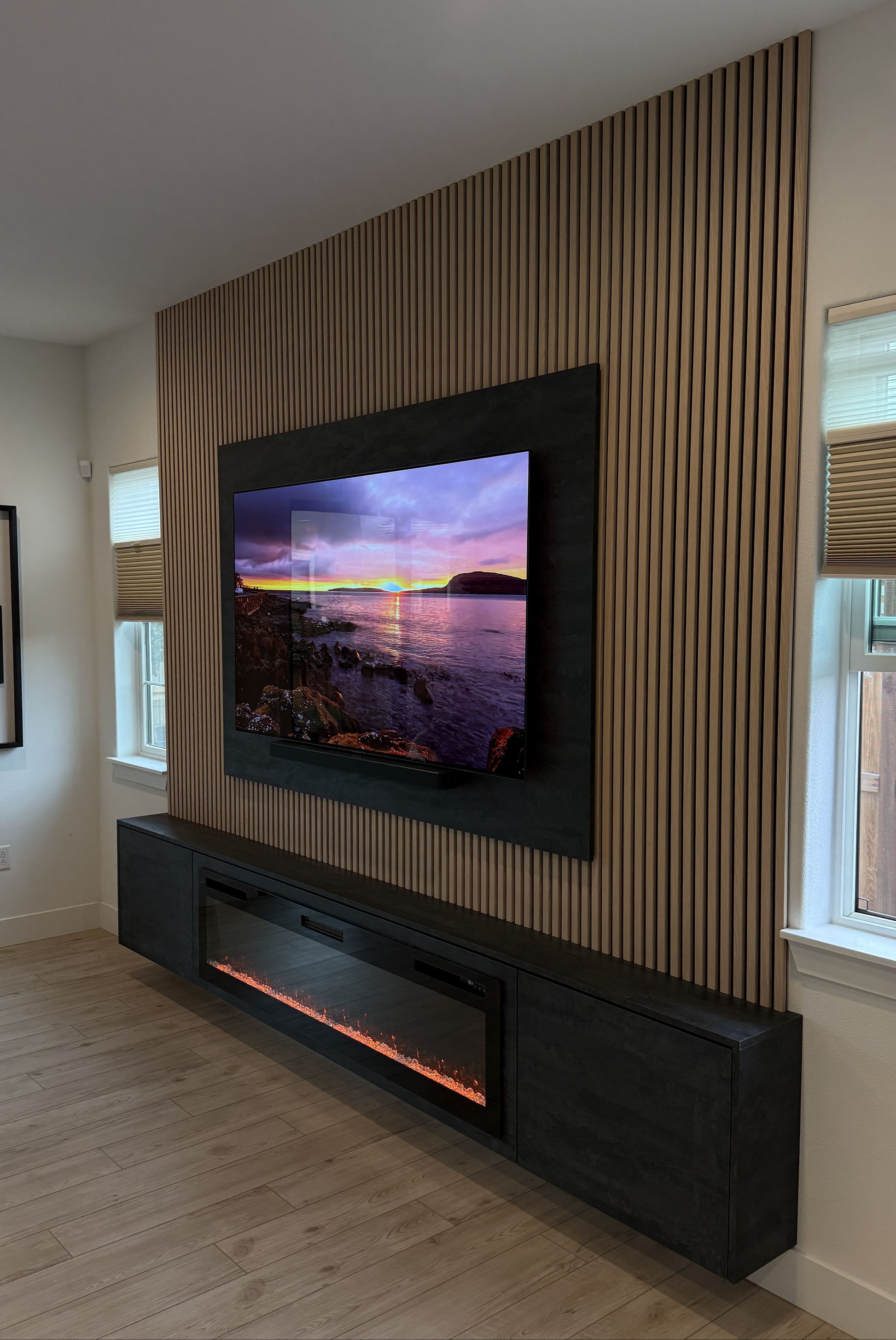 Neutral-tone cabinetry with built-in television