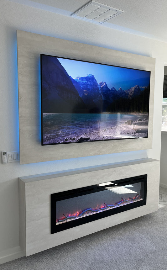 Bespoke entertainment wall with fireplace and shelves