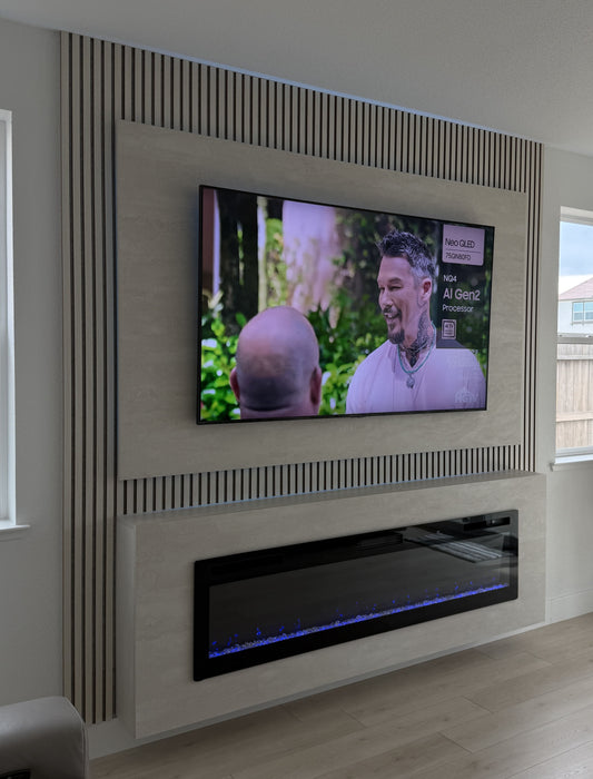 Modern media wall combining TV and fireplace