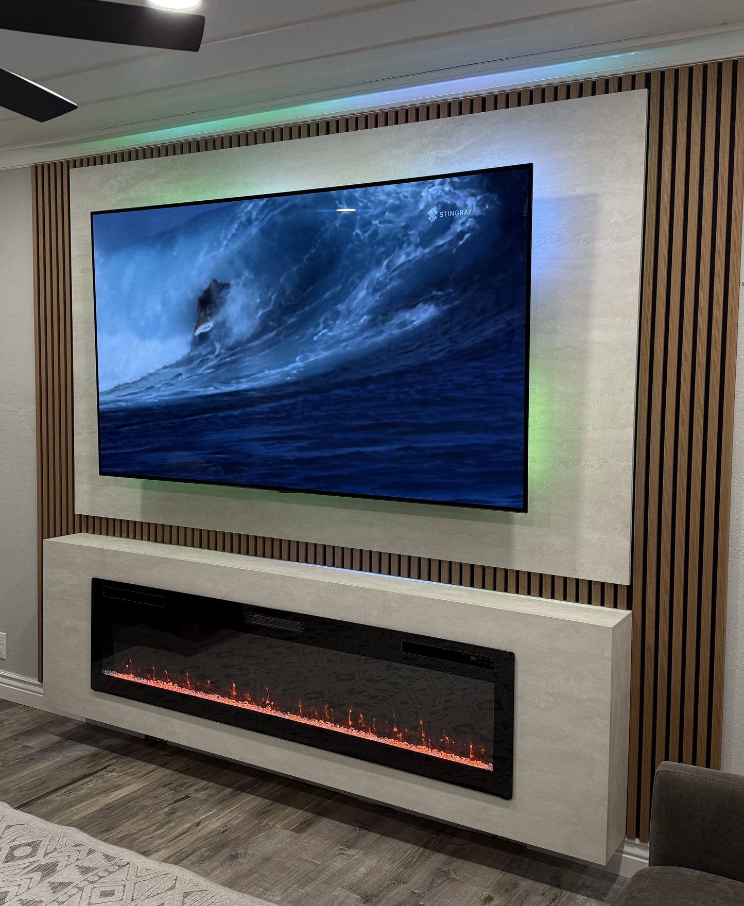 Media wall with indirect warm lighting design