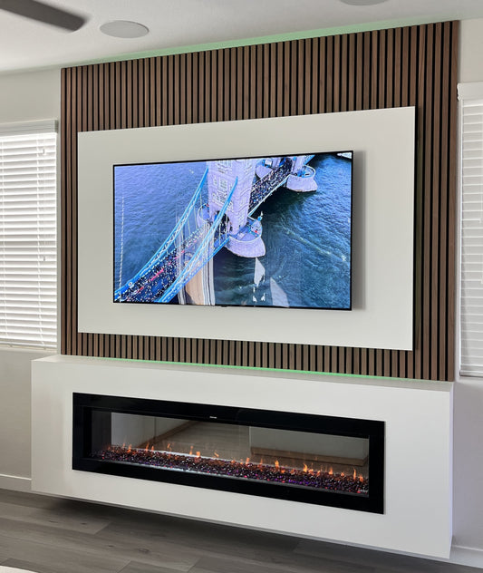 Open-plan living space with custom media wall