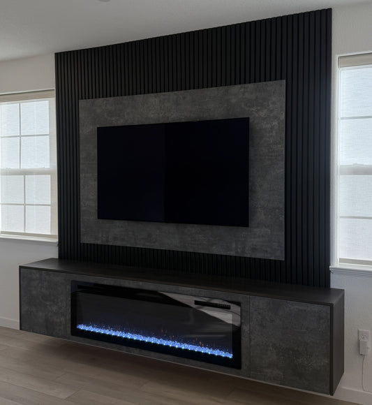 Minimalist living room media wall with LED lighting