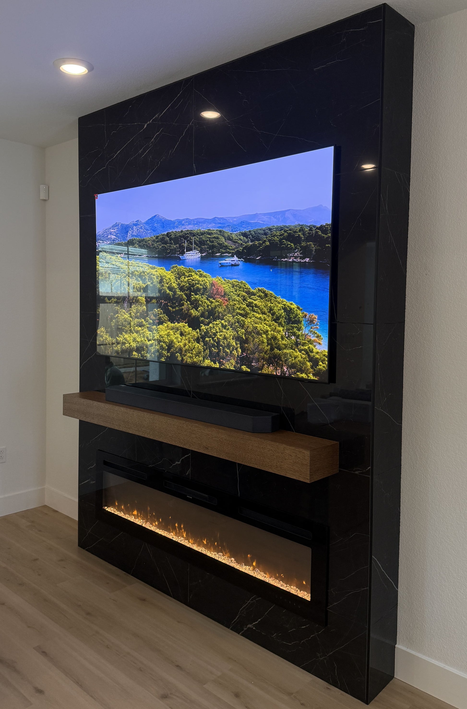 Media wall with indirect warm lighting design