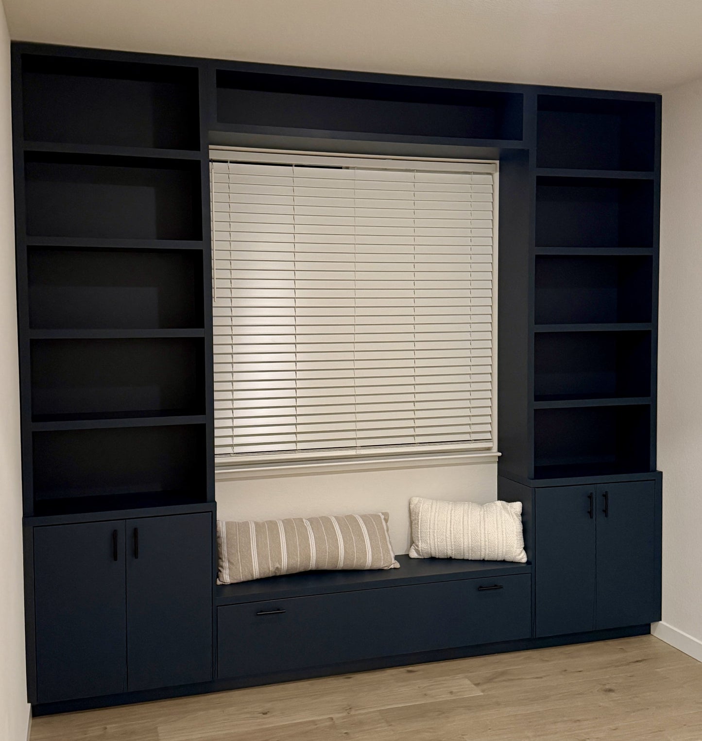 Modern matte cabinetry with integrated TV wall