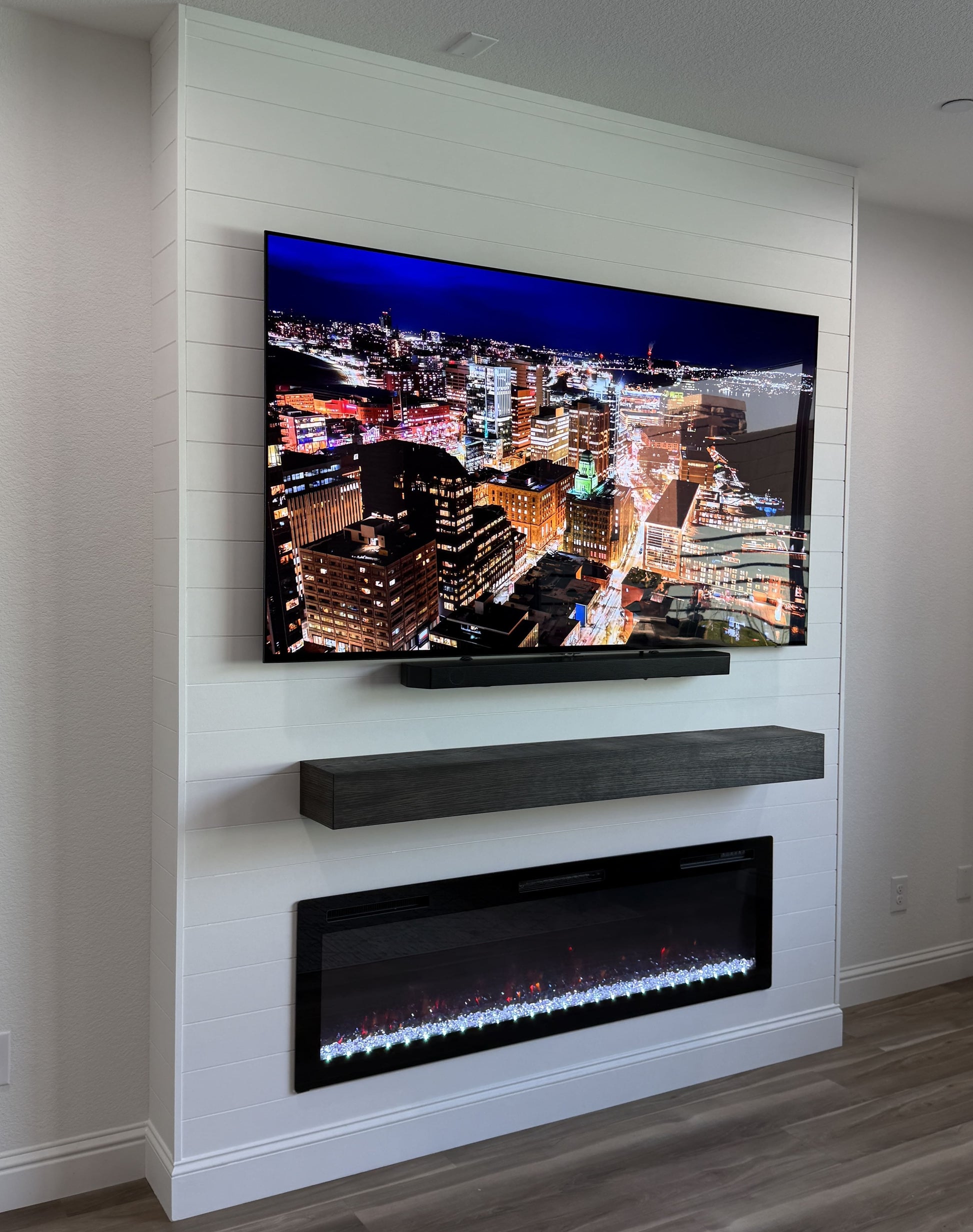 Open-plan living space with custom media wall