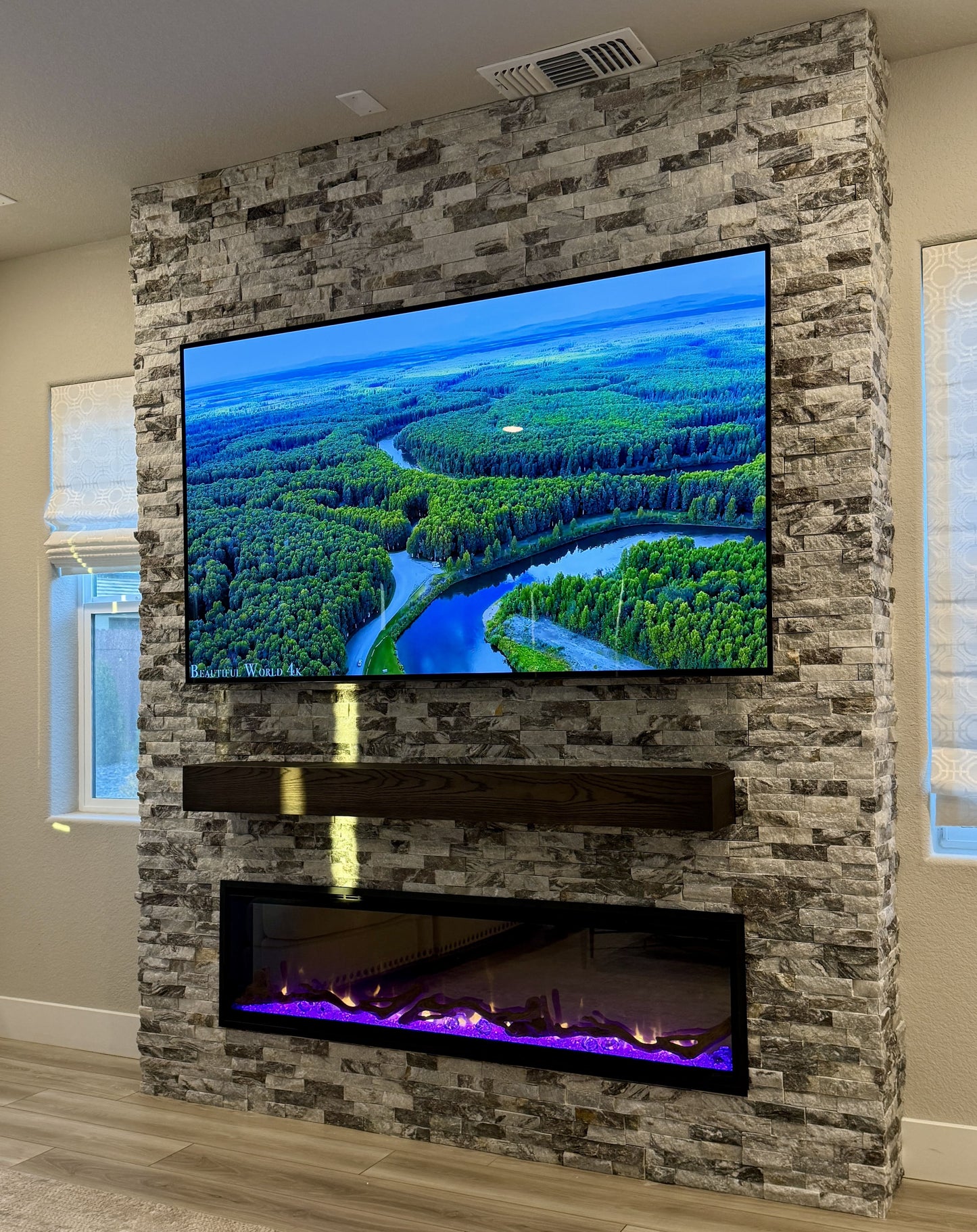 Custom-built media wall with integrated flat-screen TV