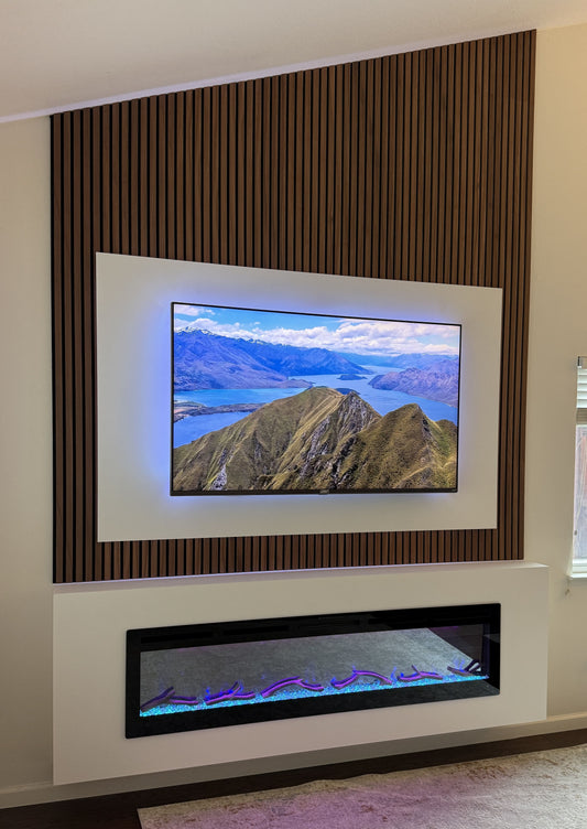Custom-built media wall with integrated flat-screen TV